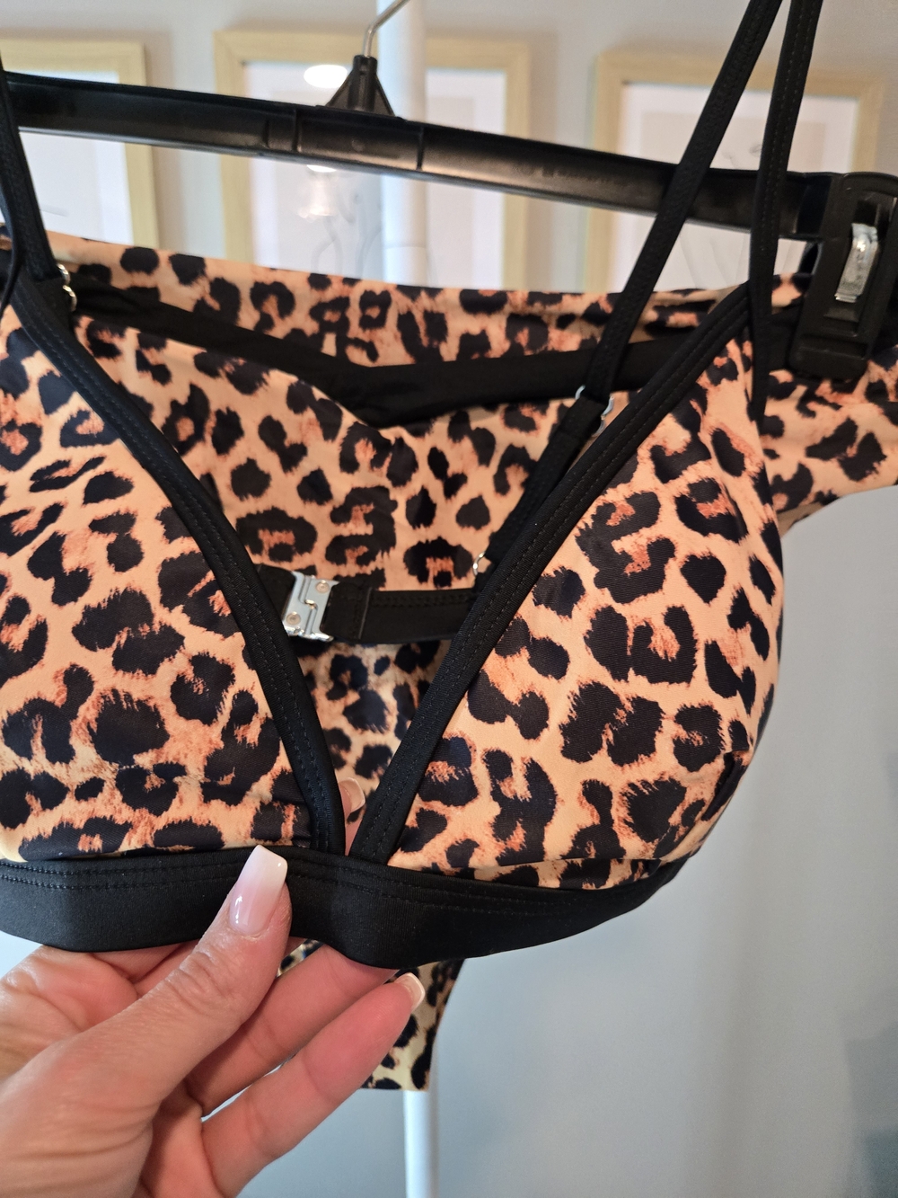 🌞⛱️👙New Leopard Print Triangle Bikini- Black & Tan With Gold Hardware